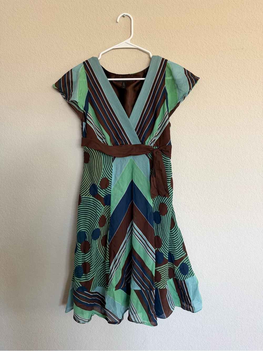 BCBGMaxAzria Brown and Mint Green Striped V-Neck Midi Dress
